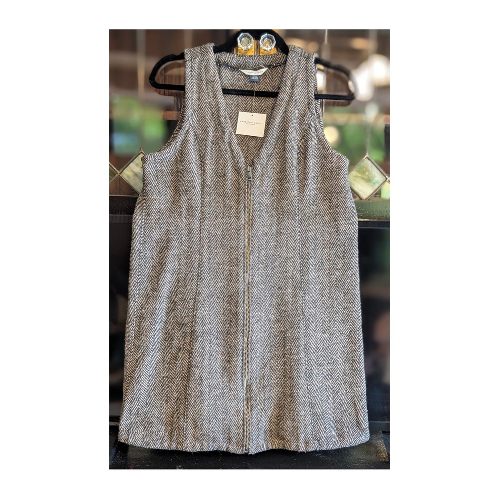 American Eagle Herringbone Wool Blend Zip Front Vest Mini Dress Grey Small NWT - Picture 6 of 8